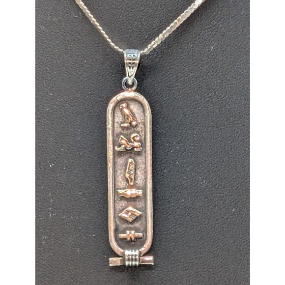 VTG 925 Sterling Silver Egyptian Hieroglyphics Cartouche Pendant 15" Necklace - Picture 3 of 10